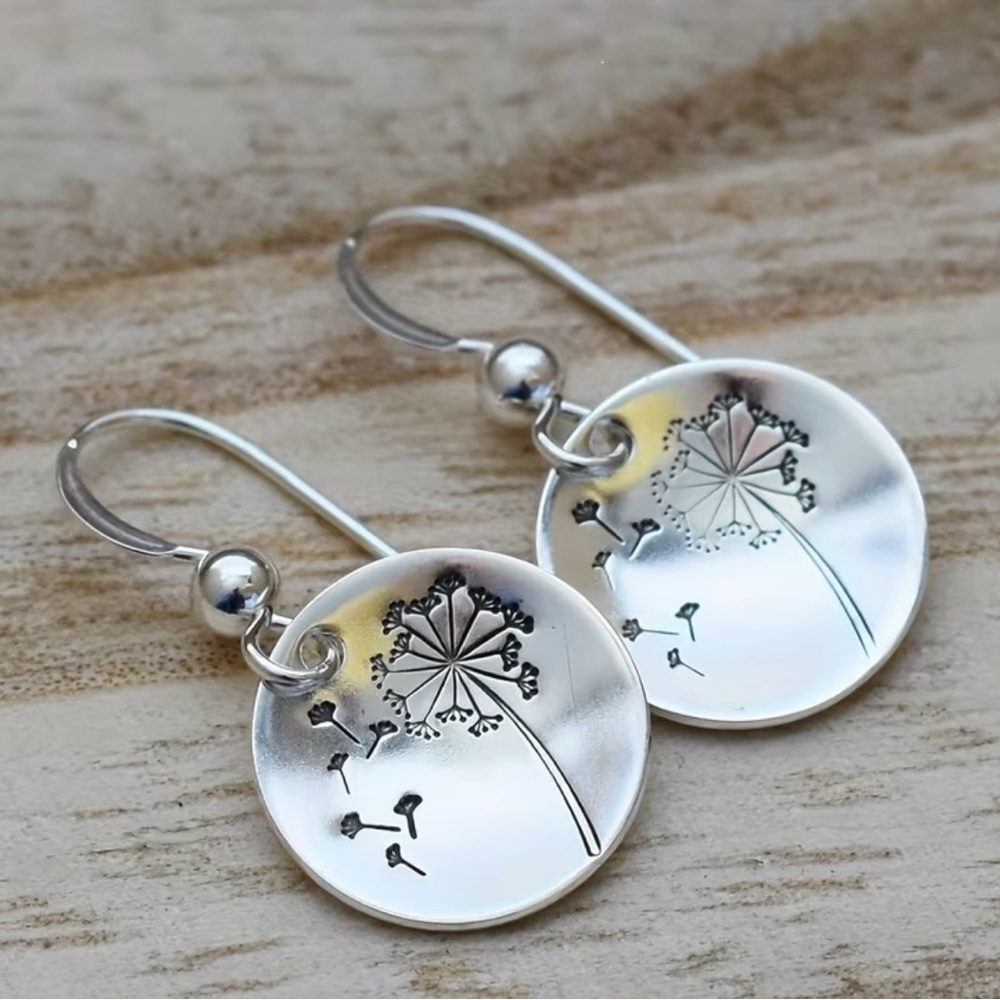 Dandelion Round Dangle Earrings Silver Tone Lightweight NIP